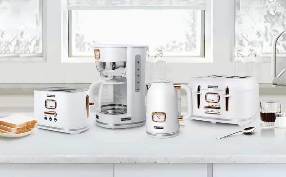 Тостер Muse MS-131 BC з нержавіючої сталі, 4-х місний, ретро дизайн, 6 рівнів підсмажування, з підсвічуванням, з лотком для крихт (білий)