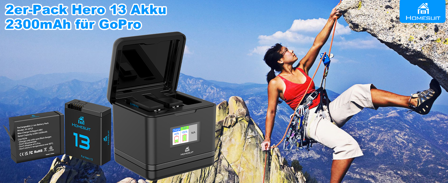 Набір акумуляторів та зарядного пристрою Homesuit Hero 13 для GoPro Hero 13 Black: 2 акумулятори 2300mAh + USB LED зарядний пристрій з підтримкою PD3.0 (Type-C)
