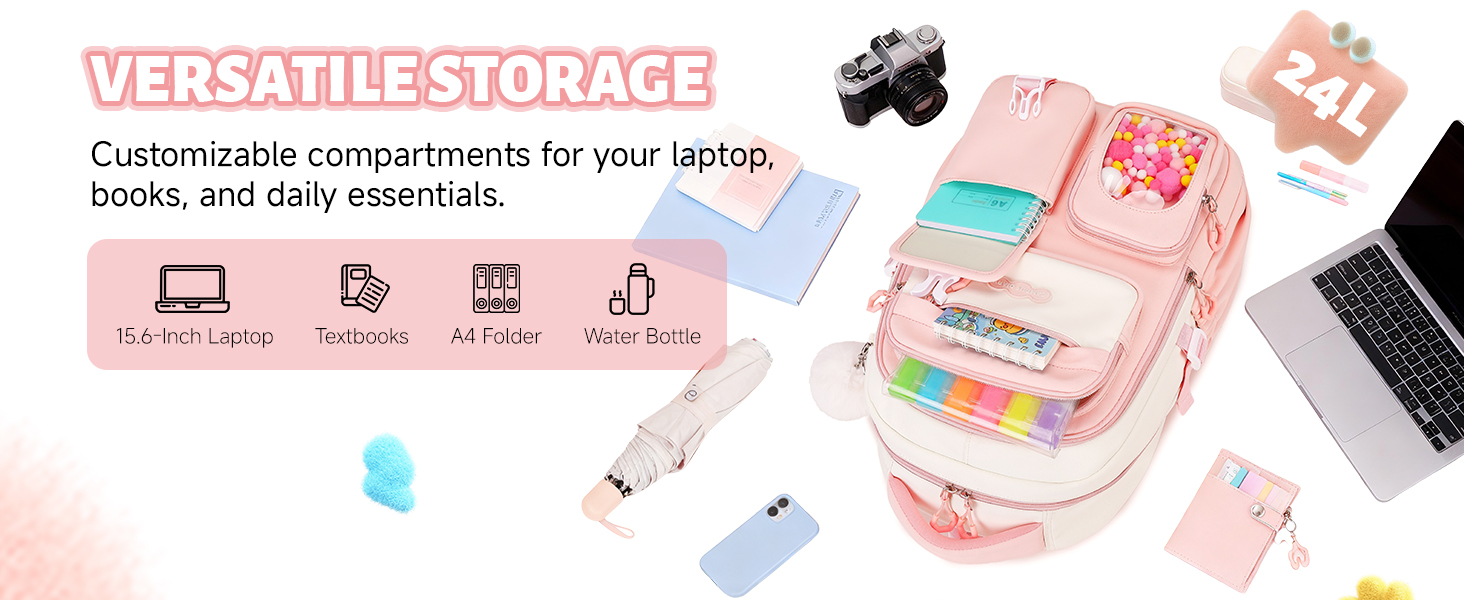 Шкільний рюкзак для дівчаток-підлітків, рожевий, з помпоном, тролей-петлею та світловідбивачами. Великий рюкзак для школи та подорожей, 3-7 клас, водонепроникний