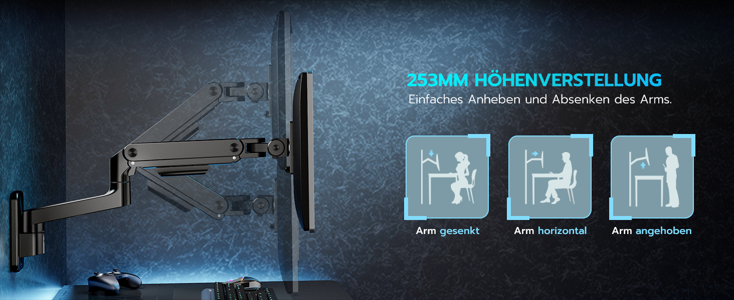 Настінний кронштейн для монітора ARES WING для UltraWide екранів 17-49 дюймів, газліфт, навантаження до 20 кг, VESA 75/100, регульований тримач для офісу та геймінгу, чорний