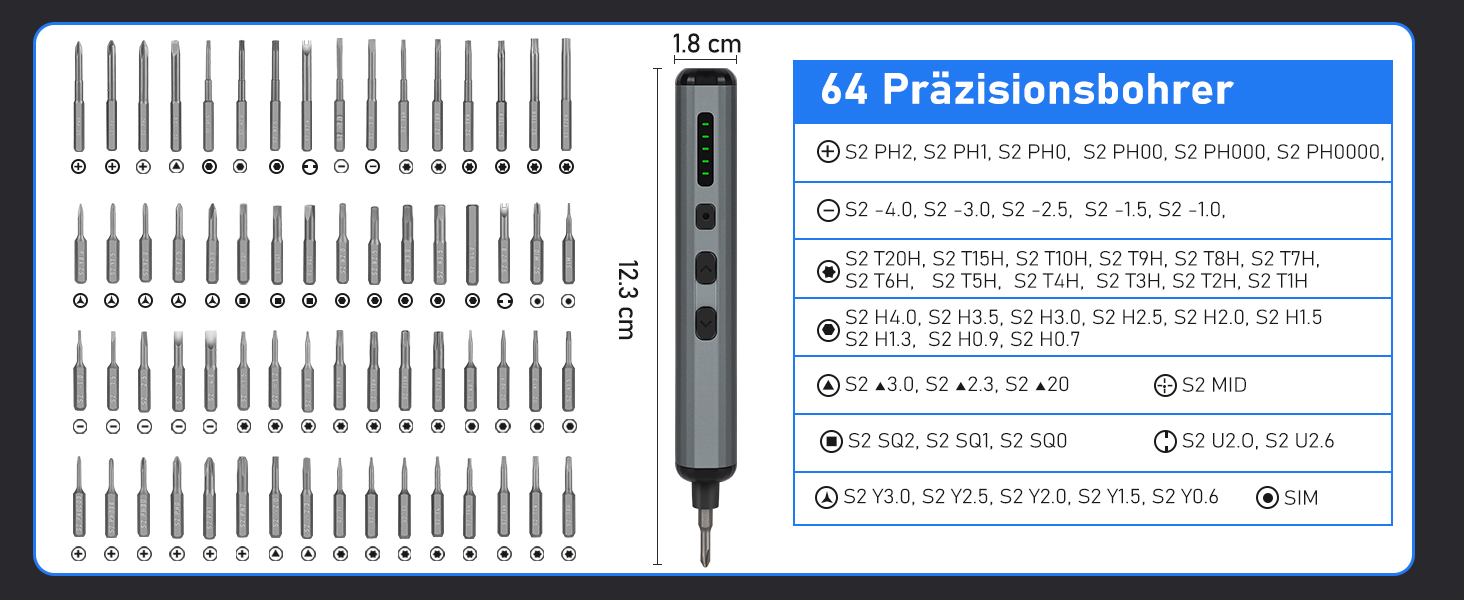 Електрична викрутка 70 в 1 з набором S2 біт, 4 LED, 200 RPM, для ремонту годинників, ПК, телефонів (срібно-чорний)