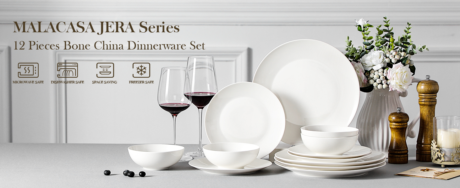 MALACASA Набір посуду 12 предметів для 4 осіб з кісткового фарфору, серія JERA Weiß, кремово-білий, міцний, для миття в посудомийній машині та для мікрохвильовки