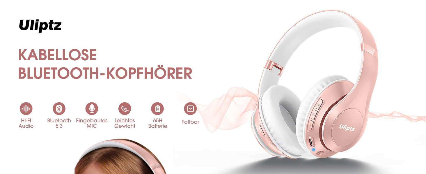 Бездротові навушники Uliptz Over-Ear Bluetooth з 65 годинами роботи, 6 EQ-режимів, HiFi стерео, складні, для подорожей/офісу/телефону/ПК (Рожеве золото)