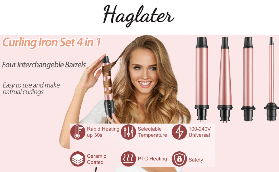 Haglater Lockenstab 4-в-1: мультифункціональний плойка з насадками для великих і малих локонів, створення хвиль, керамічне покриття