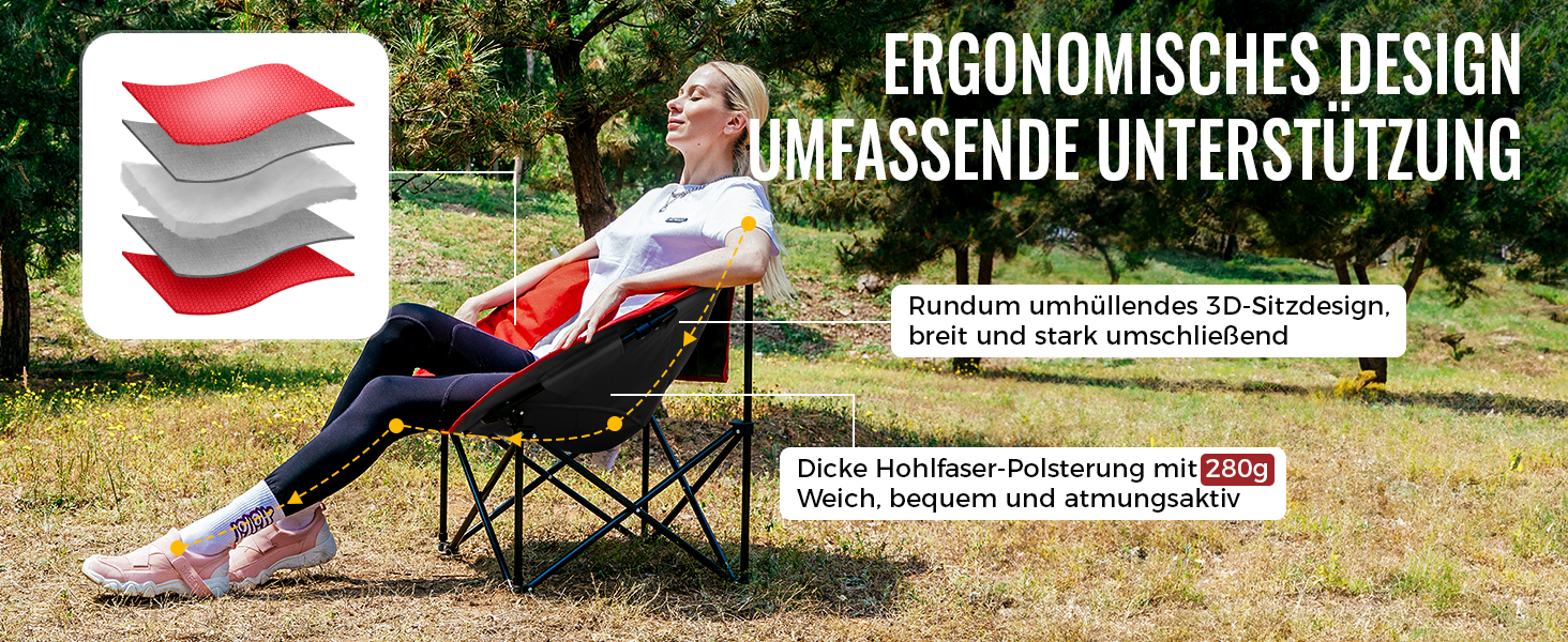 Крісло для кемпінгу KingCamp Moonchair XXL: зручне, з підлокітником, витримує до 205 кг, для відпочинку на природі, саду, риболовлі та балкону (червоний)