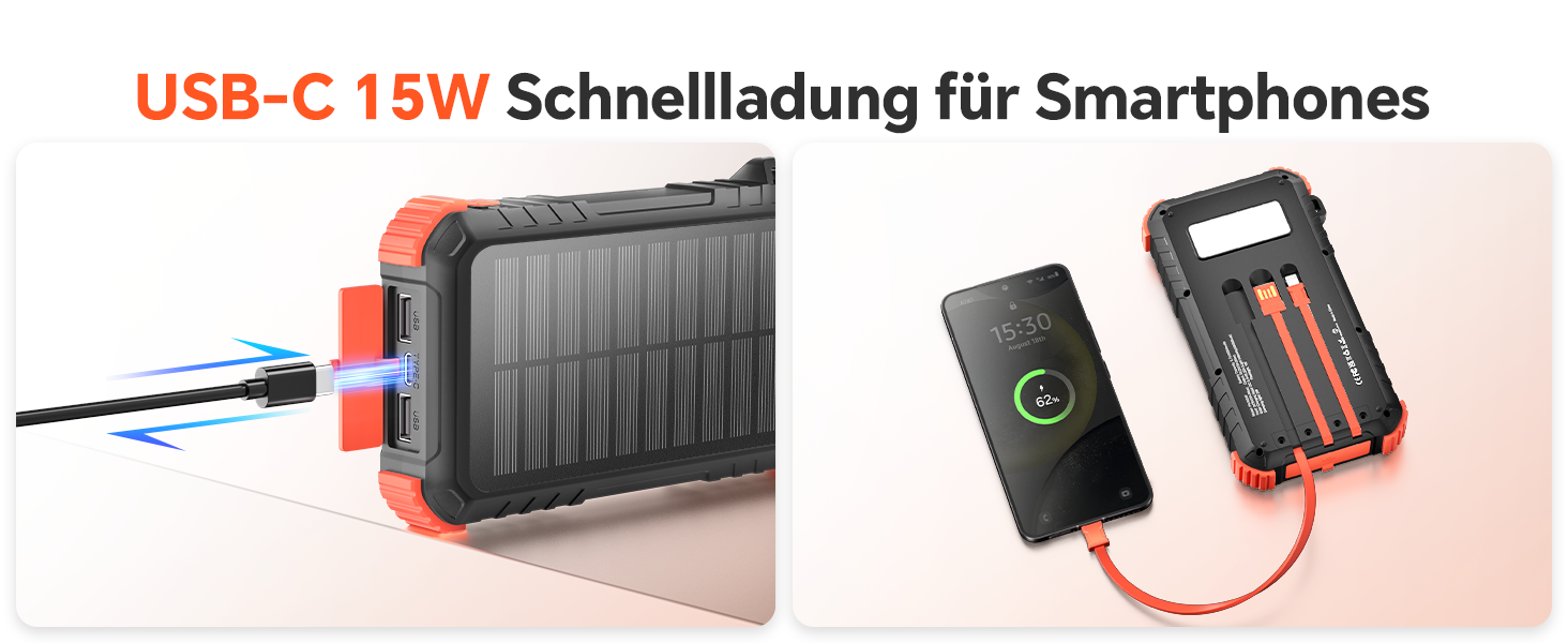 Сонячний Power Bank 26800mAh з PD15W, USB-C, 5 виходів, 3 входи, водонепроникний, з 3 кабелями, 2 ліхтариками та карабіном для кемпінгу, оранжевий