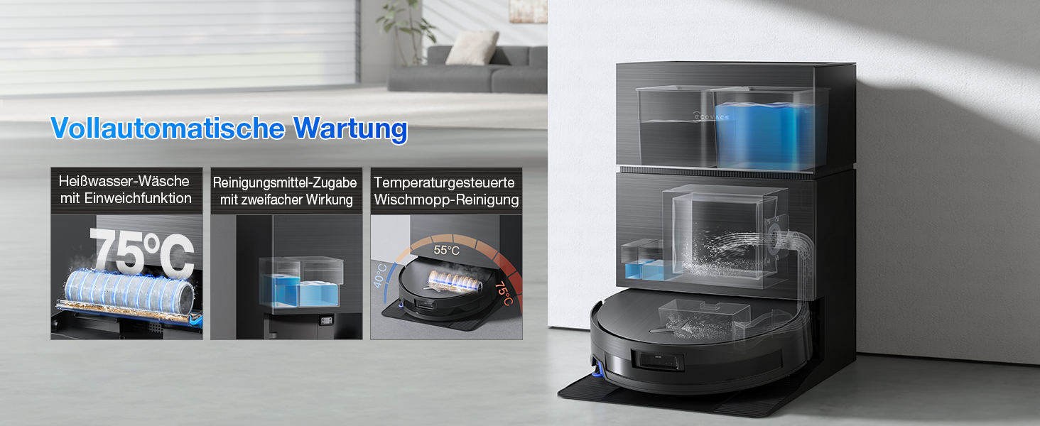 Робот-пилосос ECOVACS DEEBOT T30C Pro Omni GEN 2 з функцією миття, потужність 15400Pa, автопорожнення, гаряча сушка, час роботи 200 хв, ідеальний для шерсті тварин та килимів