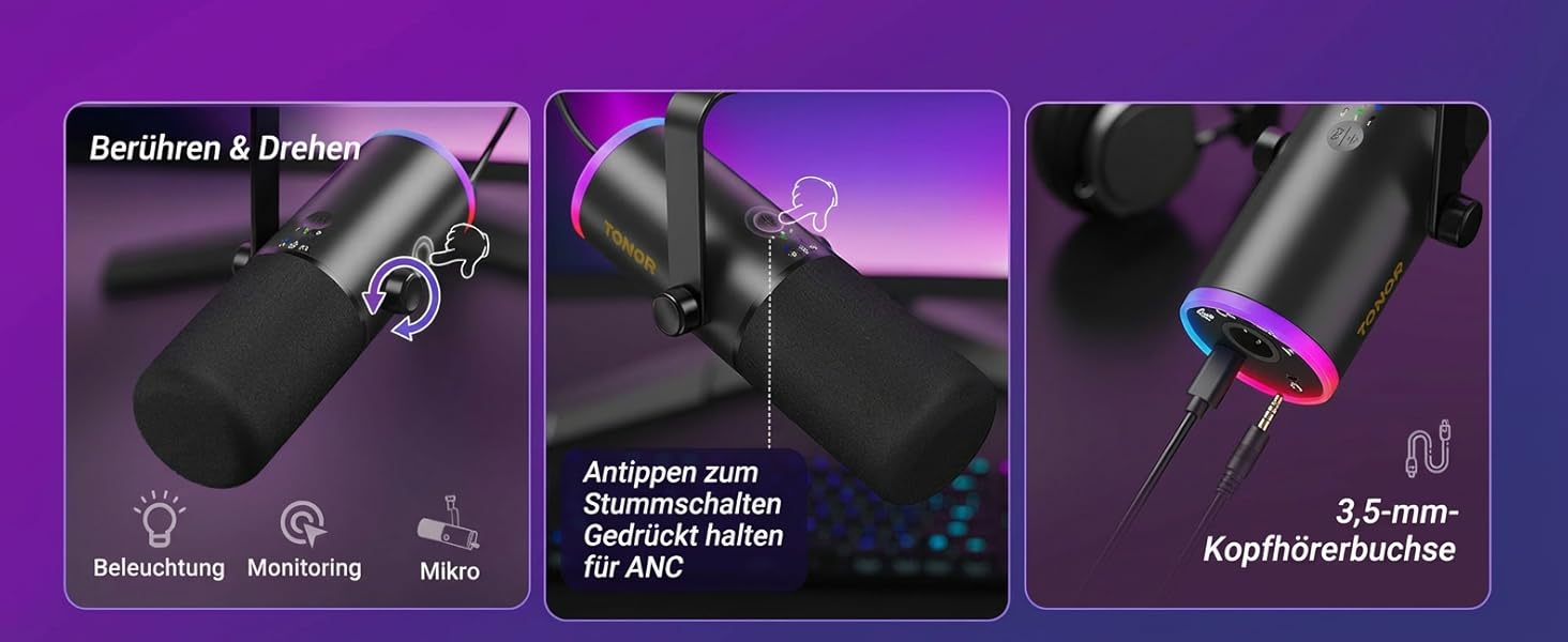 Професійний геймерський мікрофон TONOR TD510 AIR S+H XLR/USB з шумозаглушенням AI, RGB підсвічуванням, Tap-Mute, чорний