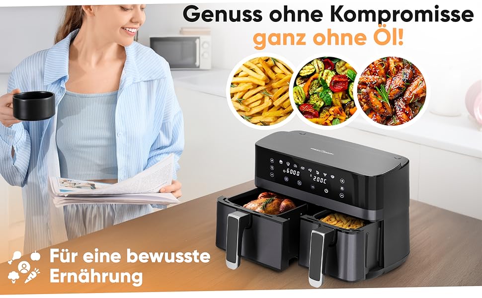 Фритюрниця ProfiCook з подвійними камерами, 9 літрів | Без олії | Airfryer | PC FR 1295 H