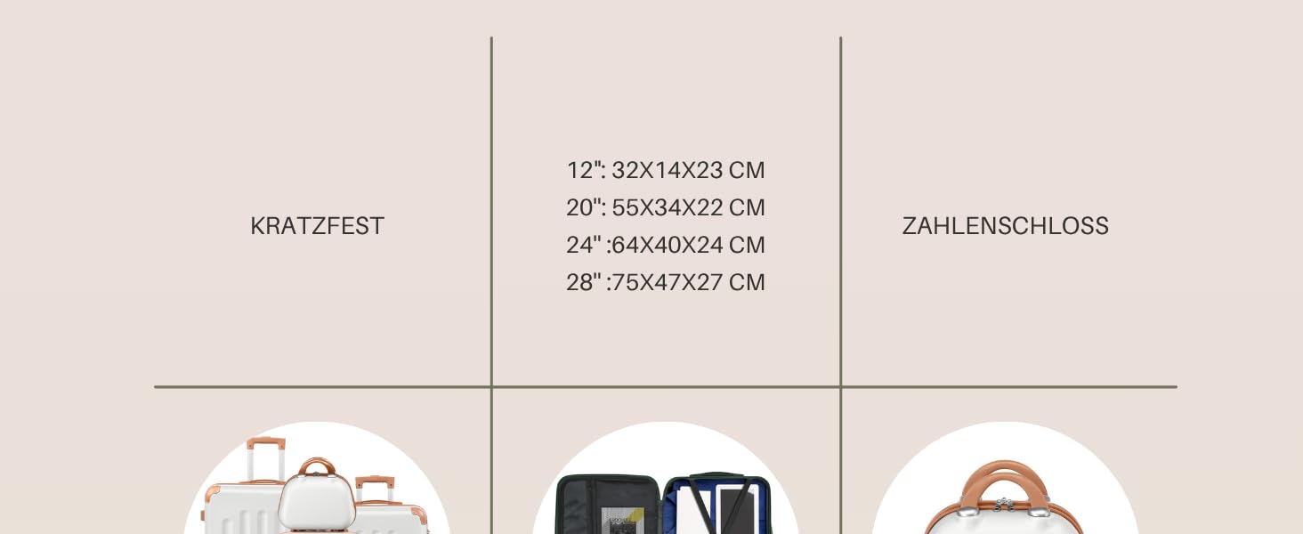 Набір валіз LALAHO 4 шт. з косметичками, з ABS пластику, рожеве золото (бежево-коричневий, смужки)