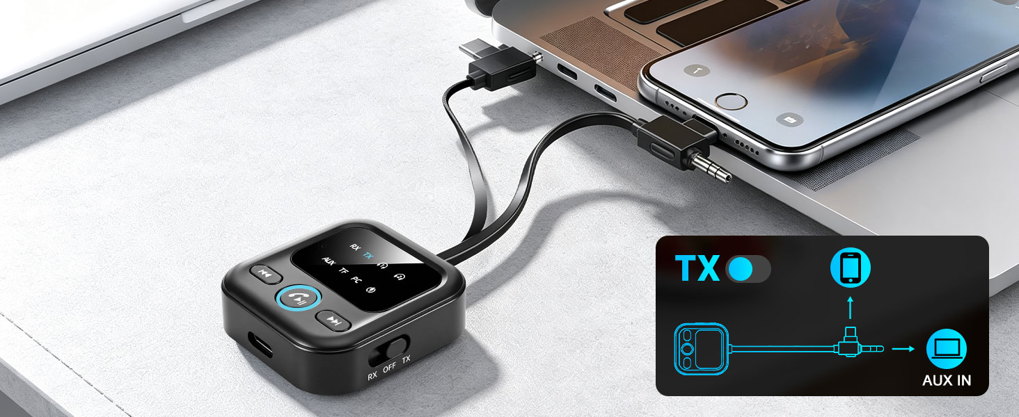Bluetooth-адаптер 6.0 2-в-1 для літака та авто: ресивер та трансмітер для навушників, AirPods та колонок