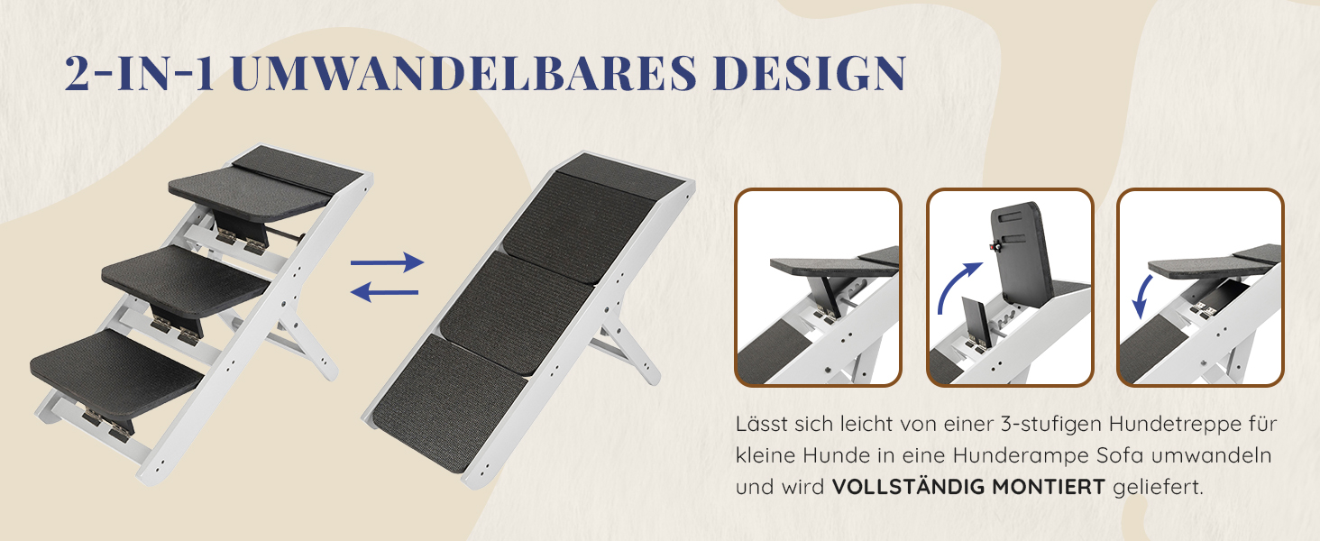 Сходинка для собак на ліжко та диван 2-в-1 - регульована пандус для собак, 18-50 см - для маленьких собак, легка у переміщенні, з платформою, натуральне дерево (білий дуб)