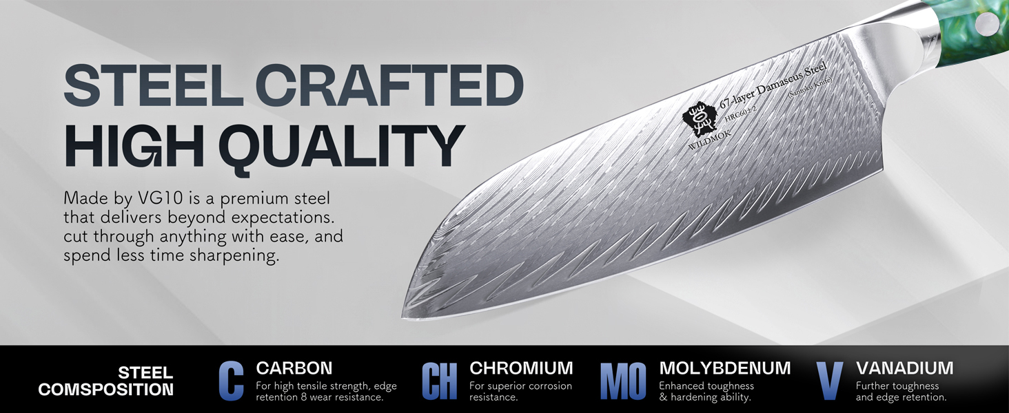 Японський кухонний ніж Santoku WILDMOK 17 см, сталь VG10 Дамаск, зелена рукоятка, професійний ніж для кухні