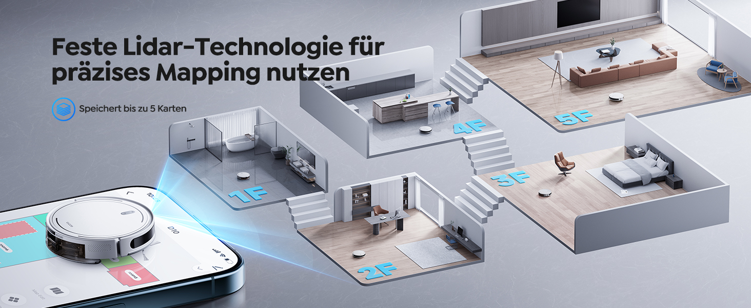 Робот-пилосос з функцією миття підлоги Vyzzle D10, LDS навігація, 5000Pa, керування через додаток/Alexa, для шерсті тварин, килимів, твердих підлог, білий