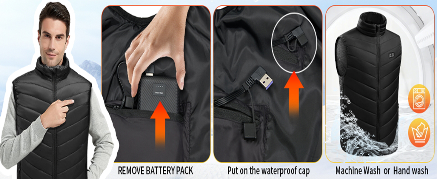 Обігріваюча жилетка для жінок та чоловіків з акумулятором 27000 mAh/7.4V, 17 зон обігріву, 3 режими температури, чорна, M-L