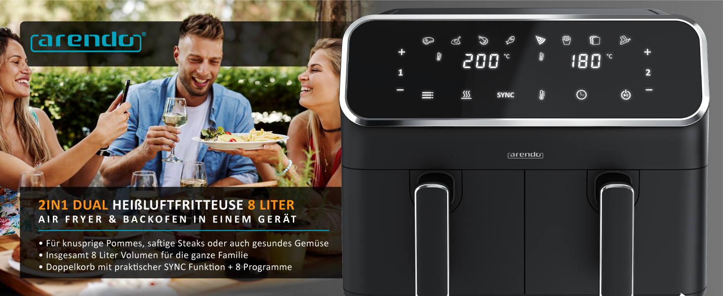 Арендо - Фритюрниця повітряна подвійна з 2 камерами, XXL об'єм, 2700 Вт, Airfryer, нержавіюча сталь, сенсорний дисплей, 3D циркуляція повітря, антипригарне покриття, без PFAS