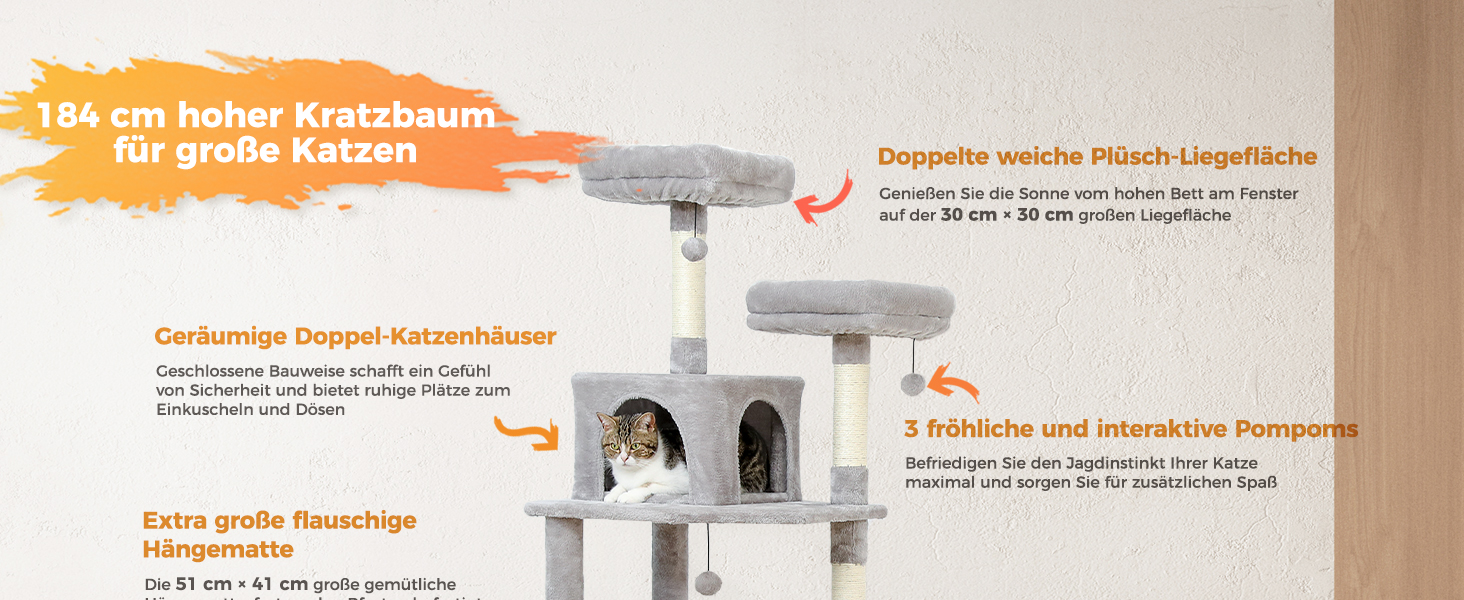 Котячий комплекс PAWZ Road для великих котів, 184 см, сірий. Двоповерховий, з сизалевою оббивкою, 2 стійки, будиночок та кошик для дому.