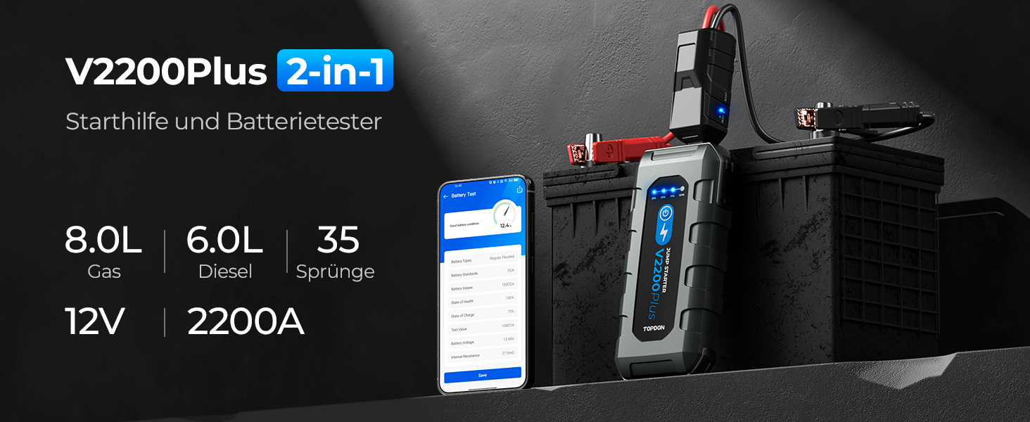 Powerbank TOPDON JS3000 для запуску двигуна, 24000mAh, 2200A, для бензинових (9.0L) та дизельних (7.0L) двигунів, з EVA-чохлом