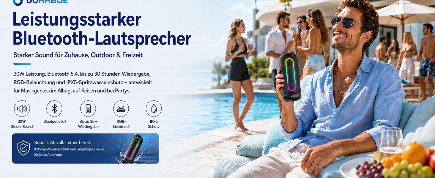 Портативна Bluetooth колонка UOHHBOE 30W, чорна: музика до 30 годин, RGB підсвічування, IPX5 водонепроникність