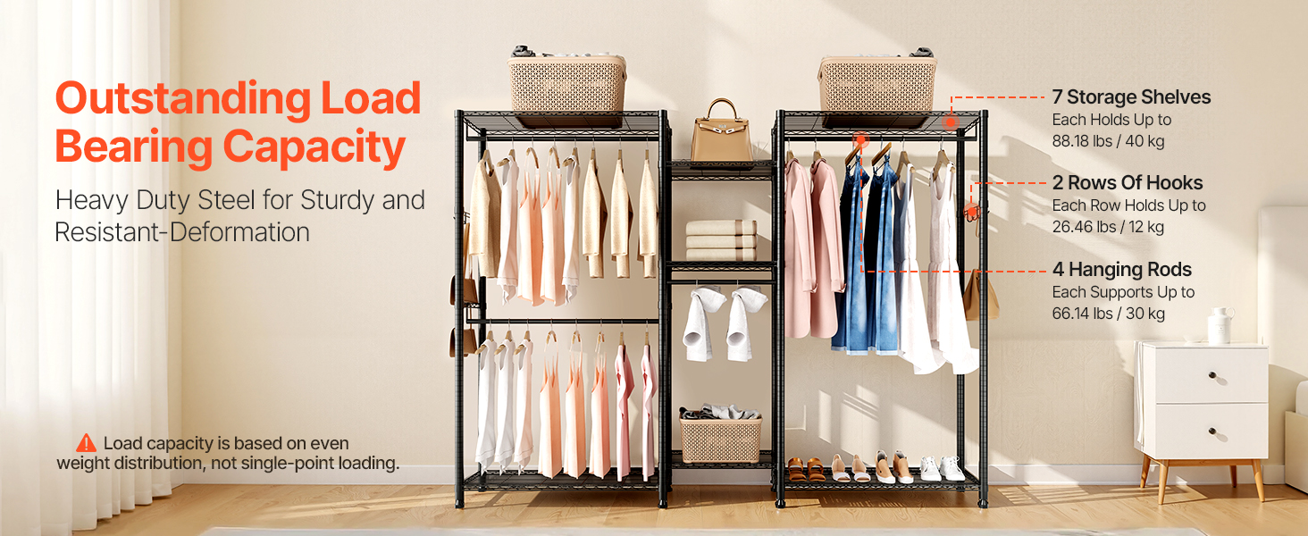 Стійка для одягу VEVOR з 4 перекладинами, 7 полицями та 8 гачками – міцна конструкція (385,5 кг) для спальні, магазину одягу, прихожої