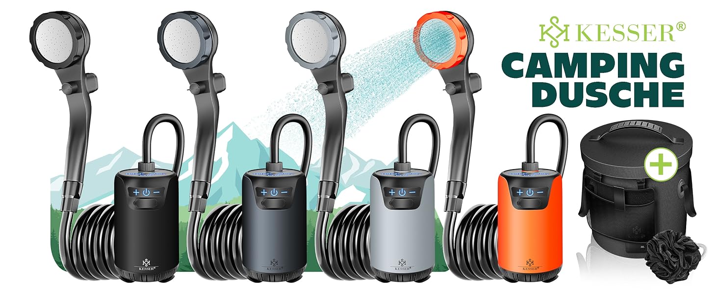 Сонячний душ KESSER® з насосом та акумулятором 8000mAh, 20л, антрацит/чорний - портативний душ для кемпінгу з комплектом (шланг 2м, лійка, пістолет)