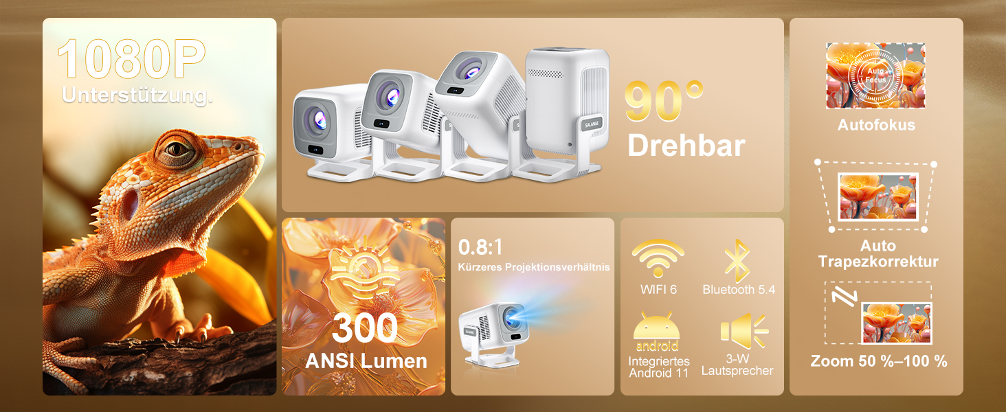 Mini проєктор Salange 2026,8K з Android, WiFi 6, Bluetooth 5.4, авто-корекція Keystone, портативний, для дому та на вулицю, 270° обертання, білий (Sala260max)