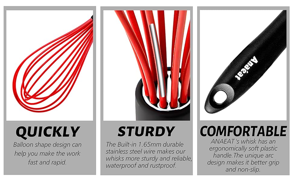 Набір міксерів Anaeat з силікону, 3 шт. – міцний сталевий дріт всередині, стійкий до високих температур. Ідеально підходить для посуду з антипригарним покриттям. Для збивання, змішування, приготування. (Червоний) 21 см + 26 см + 30 см
