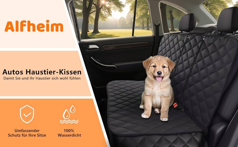 Alfheim Car Seat Cover for Dogs - Waterproof & Scratch-Resistant Back Seat Protector, Non-Slip, Durable, Washable, Universal Fit for Most Cars - Black