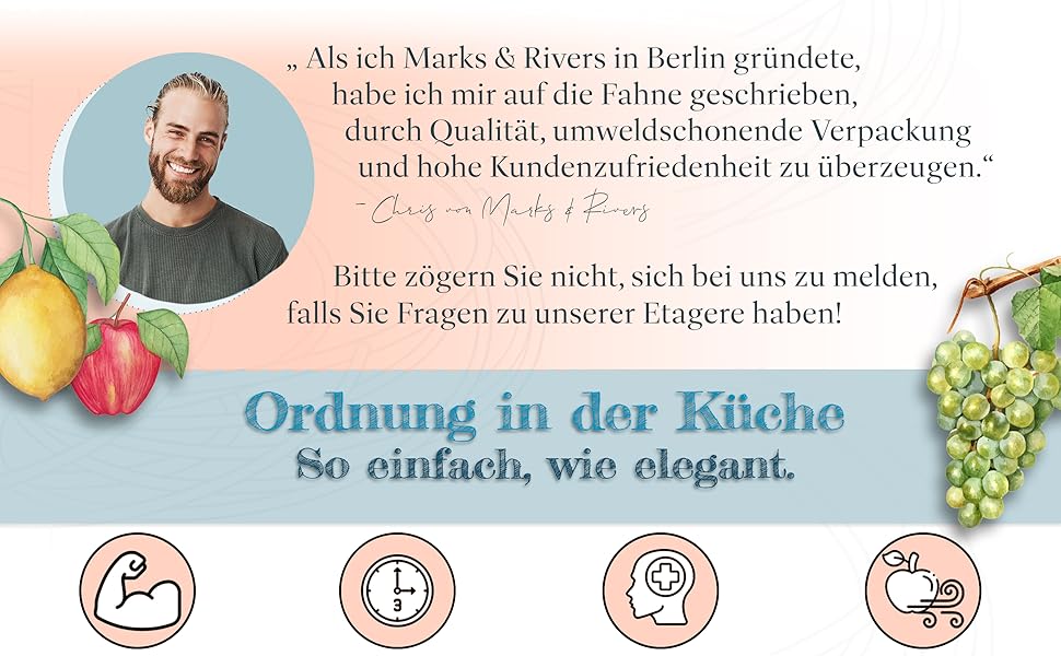 Стійка для фруктів Marks & Rivers 3 яруси XL | Металева фруктова стійка з 3 ярусами чорного кольору для елегантного зберігання у кухні та вітальні