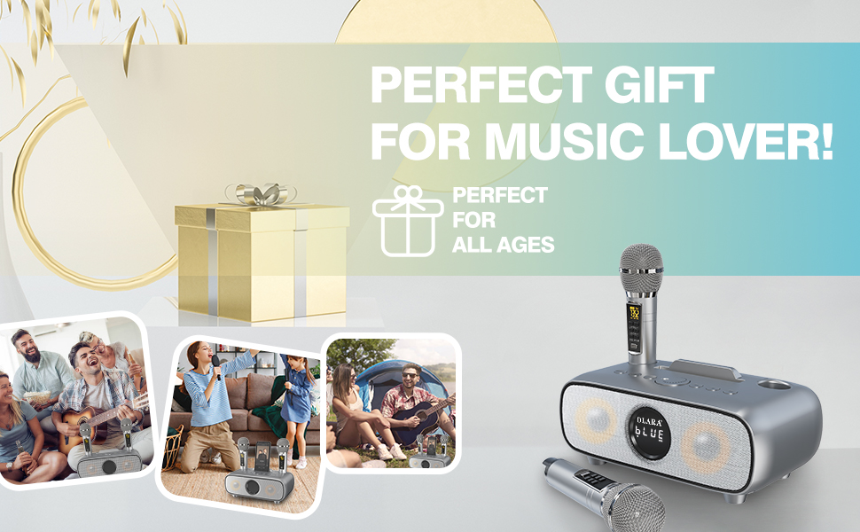 Караоке машина DLARA з Bluetooth, 2 UHF мікрофони та підтримка USB/TF карт, портативна для дорослих та дітей, PA-система, блакитна (сірий про)