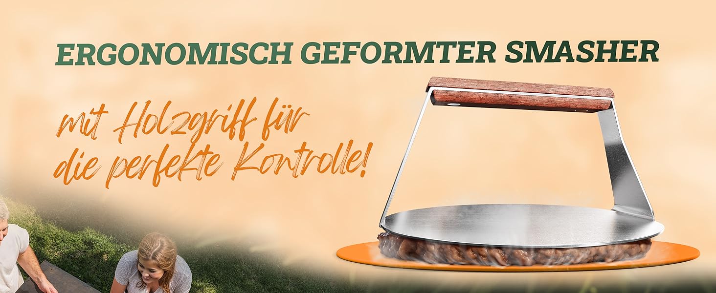 Набір для приготування Smash Burger XXL [9 предметів] з нержавіючої сталі з дерев'яними ручками для Plancha, гриль-плити, газового гриля та вогняної чаші | 1x прес для бургера, 2x формочки для бургера, 1x шпатель для гриля, 1x лопатка для гриля та інше | 9-ти частинний набір