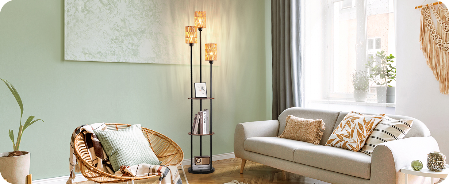 Стійка лампа EDISHINE для вітальні, вінтажна 3-лампова модель з полицею та абажуром з ротангу, 3 патрони E27, з лампочками, бохо-лампа з вимикачем на нозі для спальні та офісу, 178 см (Вінтажний коричневий)