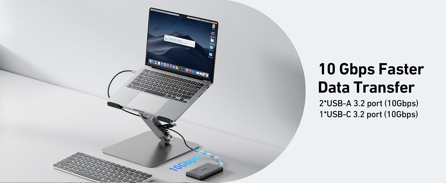 Підставка для ноутбука BENFEI з док-станцією USB-C 6-в-1: HDMI (4K@60Hz), Gigabit LAN, 100W Power Delivery, 10Gbps (1x USB-C 3.2 & 2x USB-A 3.2) – сумісна з MacBook Pro/Air, iPad Pro, XPS, ThinkPad
