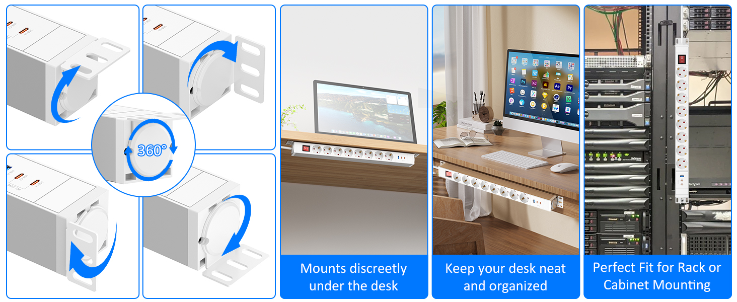 Мережевий фільтр із захистом від перенапруги, 10 розеток, поворотний на 360°, для стін, кабель 1.8м, 16A/4000W, для офісу та дому, чорний