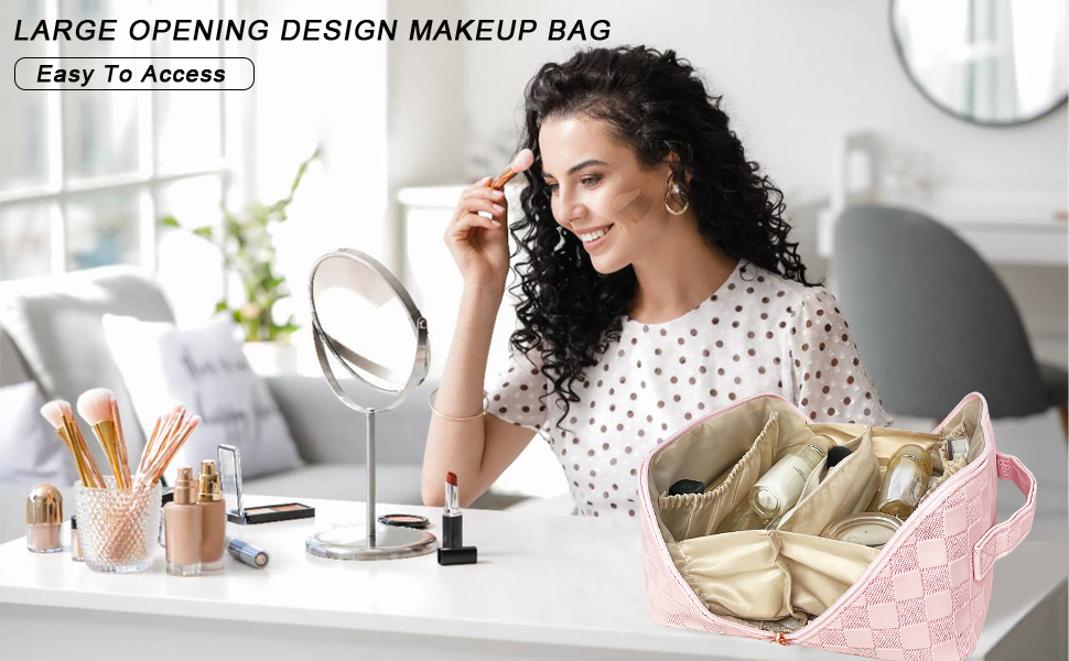 Жіноча косметичка для подорожей з великим об'ємом, водонепроникна, з перегородками, органайзер (кремовий абрикос) (рожевий пудра)