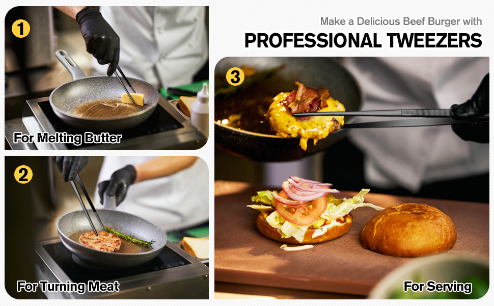 Набір кухонних пінцетів 10 дюймів, професійний, нержавіюча сталь, чорний. Для приготування, декорування та BBQ