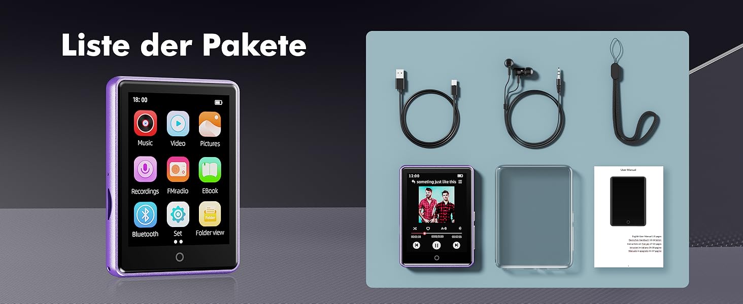 MP3 плеєр дитячий 64GB Bluetooth 5.3 з радіо, радіоприймач, MP4 плеєр, дитячий музичний плеєр з touch screen, розширюється до 128GB, фіолетовий