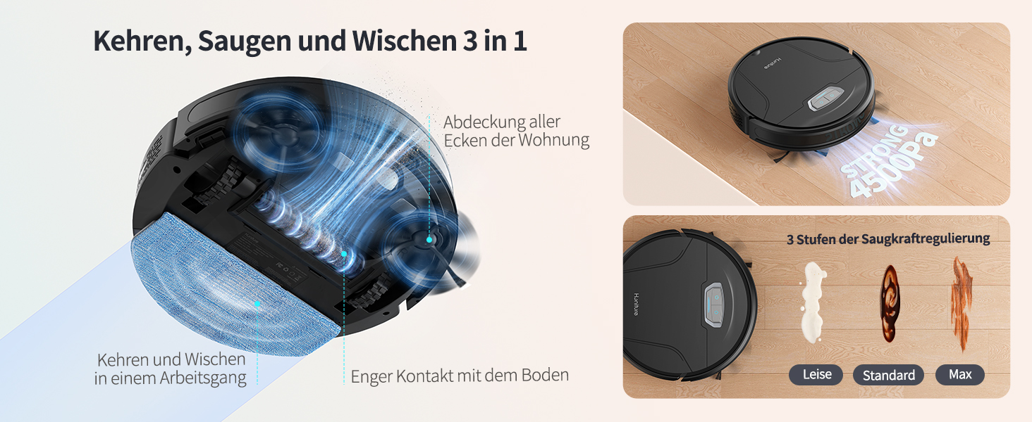 Робот-пилосос HONITURE G20 Pro з функцією миття, 4500Pa, керування через додаток, 180 хв роботи, для шерсті тварин, килимів та твердих підлог, чорний