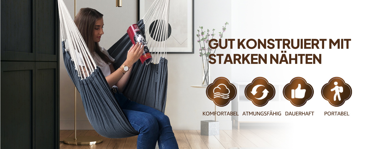 Підвісне крісло-гойдалка Chihee для саду, тераси, дому. Бавовняна гамака 130x100 см, темно-сіра. Комфорт та довговічність.