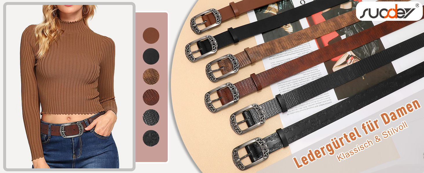 Жіночий шкіряний ремінь SUOSDEY Класичний чорний з квітковою пряжкою для джинсів, суконь, модних образів, 100 см, розмір талії 73-83 см