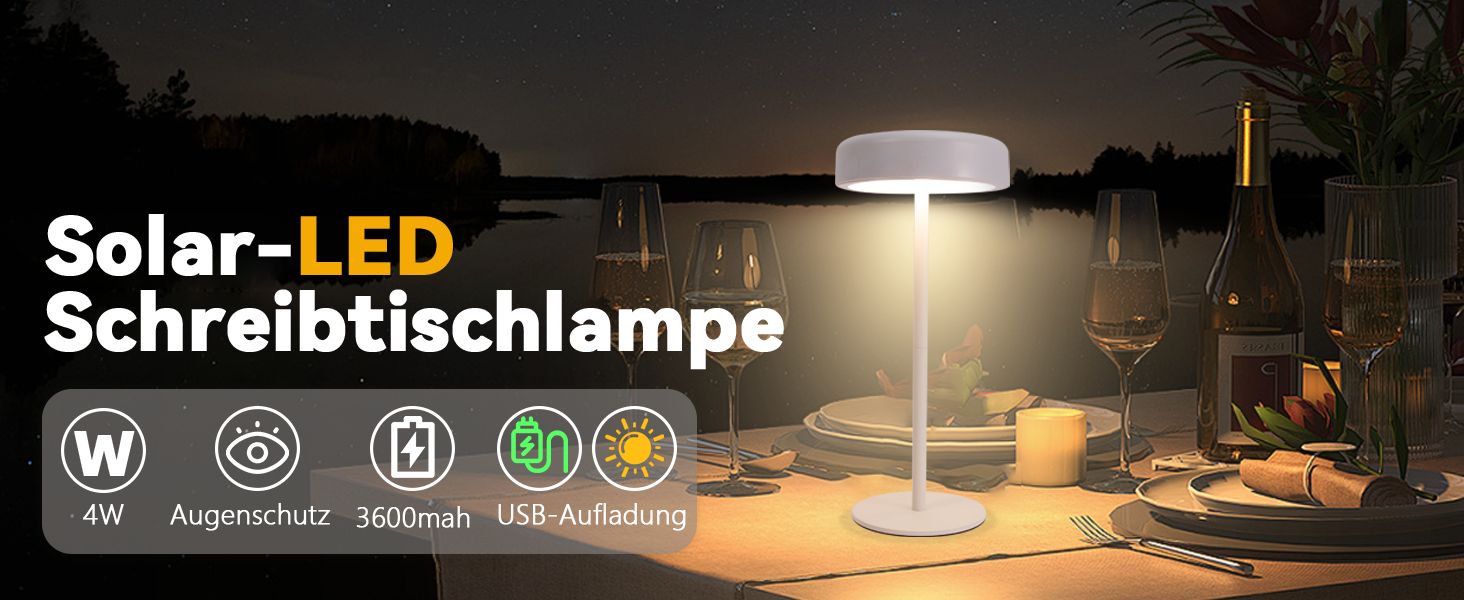 Настільна лампа на сонячній батареї з акумулятором LED, 2 шт. - Бездротова, з димером, сенсорна, біла, для дому та вулиці (IP44)