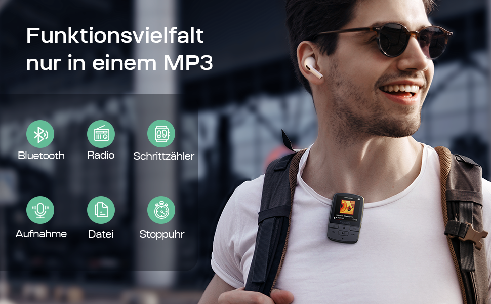MP3-плеєр YOTON з Bluetooth 5.2, Hi-Fi звук, FM-радіо, диктофон, регулятор гучності, навушники, підтримка SD до 128 ГБ (Чорний)