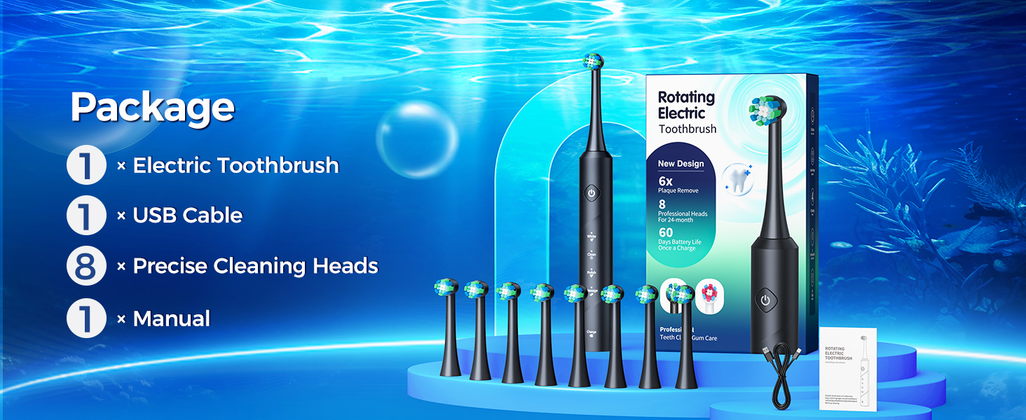 Електрична зубна щітка Rotierende для дорослих з 8 насадками, 4 режимами чищення, акумулятором на 60 днів та Smart-таймером на 2 хвилини - професійна електрична зубна щітка (чорна)
