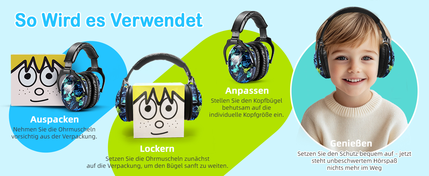 Навушники для захисту від шуму ZOHAN 030 для дітей 3-18 років, блакитні, з графіті