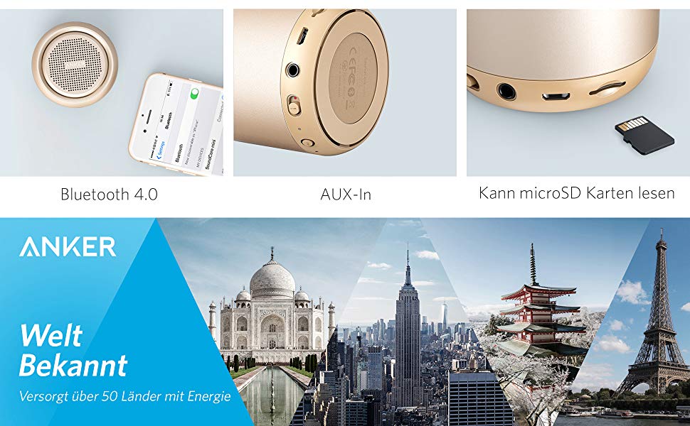 Портативна Bluetooth колонка Anker Soundcore Mini з FM радіо, 15 годин роботи, 20 м радіус дії та потужним басом (золота)