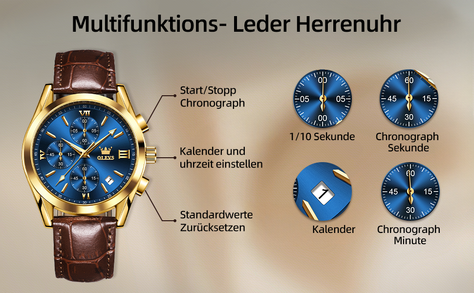 Чоловічий годинник OLEVS Vintage з шкіряним ремінцем, велике циферблат, водостійкий, аналоговий годинник з датою (2872, блакитний циферблат/коричневий ремінець)