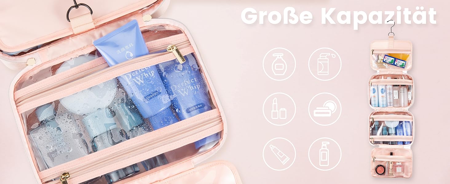 Сумка для косметики жіноча LOVEVOOK водонепроникна, з гачками, рожева, велика