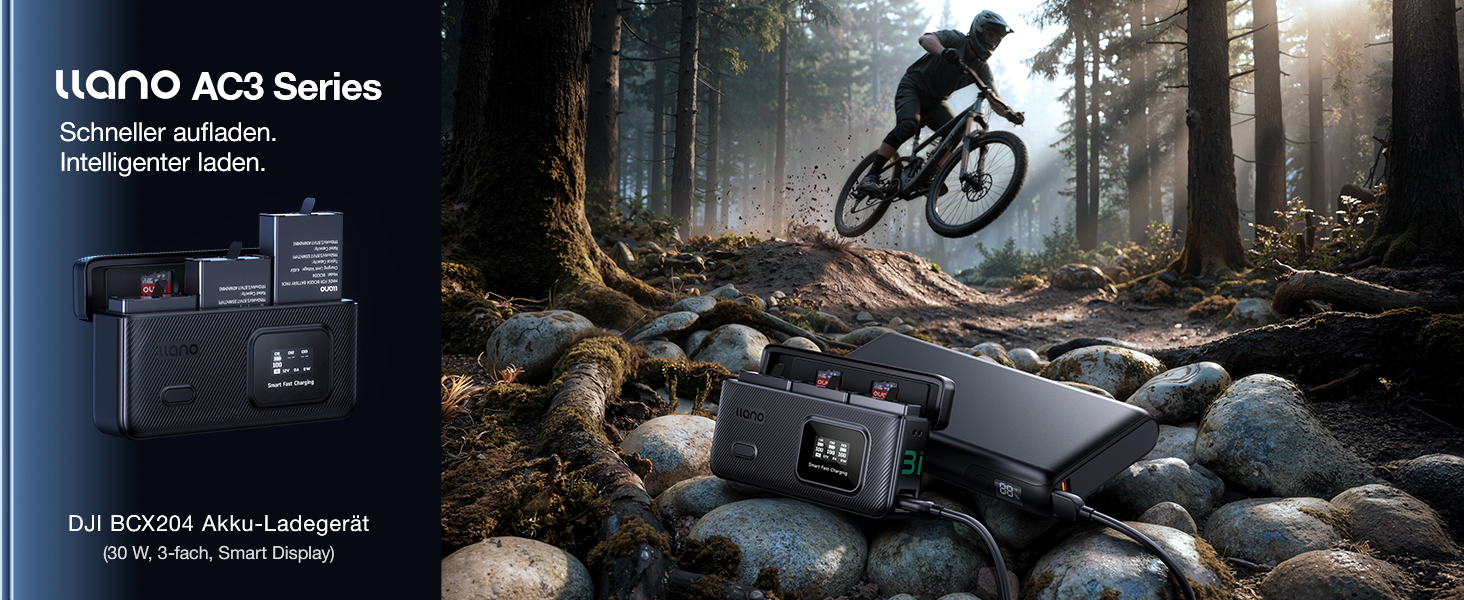 Зарядний пристрій LLANO AC3 30W з 3 акумуляторами 1950mAh для DJI Osmo Action 6/5 Pro/4/3 & Osmo 360, трьохпортовий, PD-зарядка, LED-дисплей, портативний кейс