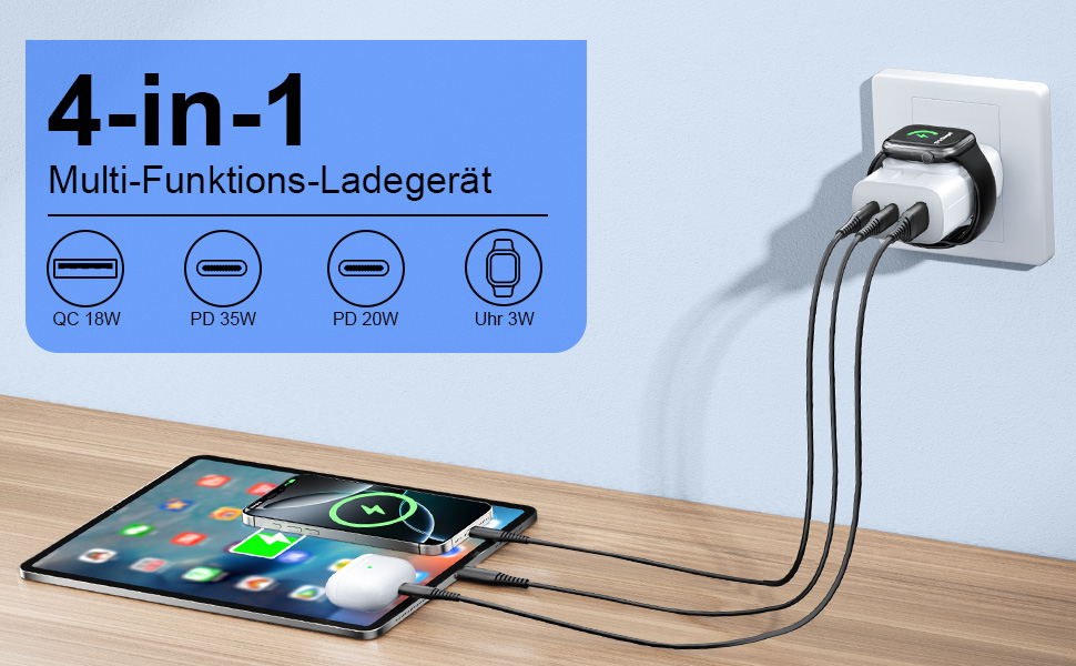 Зарядний пристрій 4-в-1 для Apple Watch та iPhone: 40W USB-C, швидка зарядка PD, сумісний з Apple Watch 10/9/8/7/6/Ultra/SE, iPhone 17/16/15 Pro Max, iPad, AirPods (Білий)