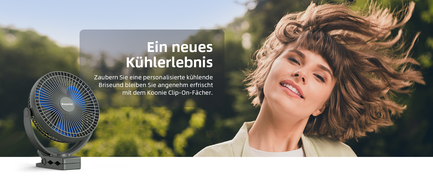 Вентилятор Koonie 10000 mAh з кліпсою, 20 см, портативний USB, акумуляторний, 4 швидкості, 360° оберт, тихий, для дому, офісу, дитячої коляски, кемпінгу, гроу-тента (блакитний)